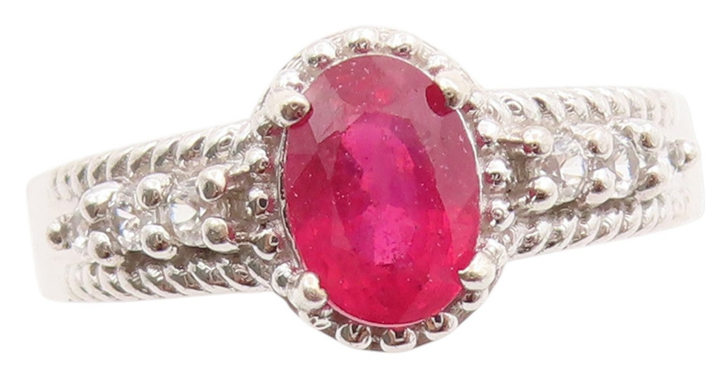 925 Sterling Silver Vintage Ring Oval Ruby & CZ Beaded Rope Band  Sz 6  RG33686