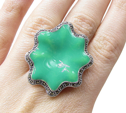 925 Sterling Silver  Marcasite Over Green Enamel Floral Ring Sz 7.5  RG1939