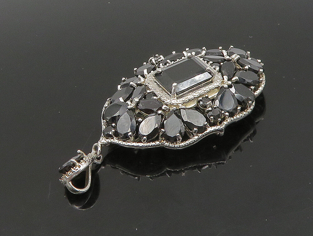 925 Sterling Silver  Vintage Prong Set Black Spinel Cluster Pendant  PT19626
