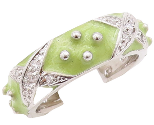 925 Sterling Silver Vintage Ring Designer Green Enameled CZ Inlay  Sz 6  RG29057