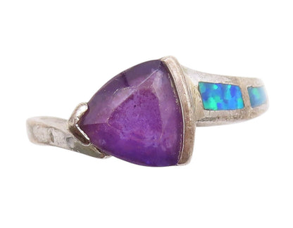 925 Sterling Silver Vintage Ring Triangle Amethyst Fire Opal Band Sz 6  RG33375