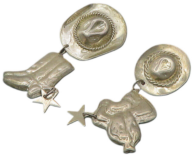 MEXICO 925 Silver  Vintage Cowboy Hat Saddle & Star Dangle Earrings  EG10516