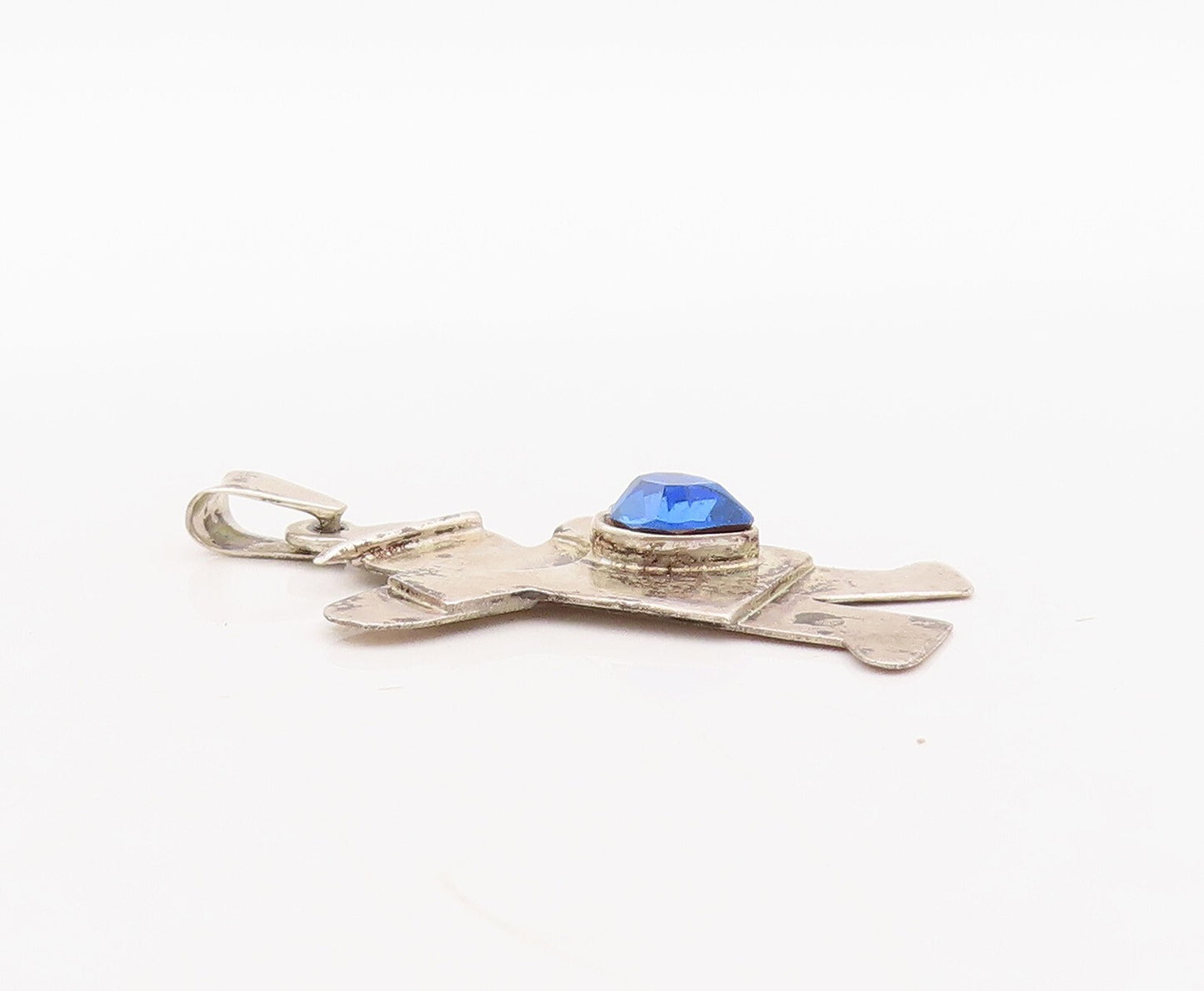 925 Sterling Silver Vintage Pendant Solid Carved Boy With Blue CZ Heart  PT23652