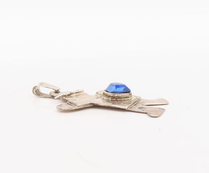 925 Sterling Silver Vintage Pendant Solid Carved Boy With Blue CZ Heart  PT23652