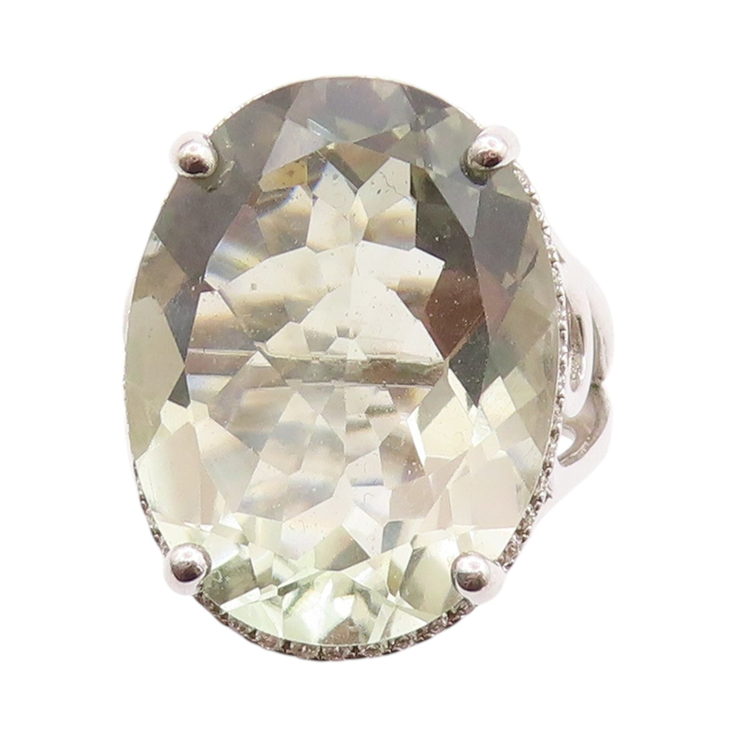 925 Sterling Silver Vintage Ring Oval Green Amethyst Halo Topaz  Sz 7  RG32736