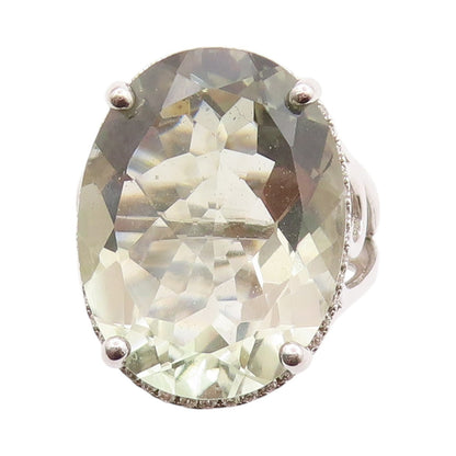925 Sterling Silver Vintage Ring Oval Green Amethyst Halo Topaz  Sz 7  RG32736