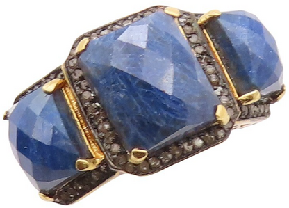 925 Sterling Silver Vintage Ring Diamonds & Blue Gemstones Inlay  Sz 8  RG31070