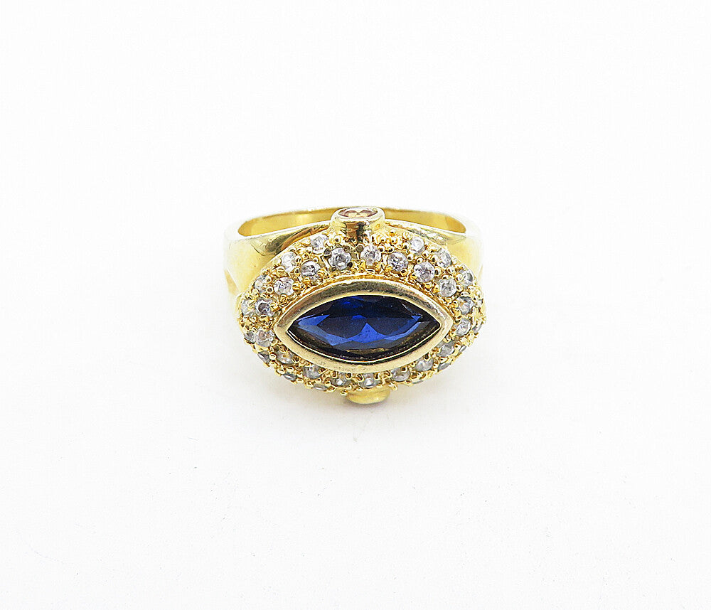 925 Silver  Blue & White Topaz Shiny Gold Plated Cocktail Ring Sz 8.5  RG4730