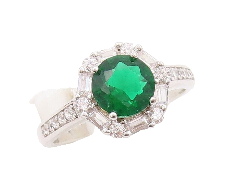 925 Sterling Silver Vintage Ring Round Cut Green Halo White Topaz  Sz 7  RG29785