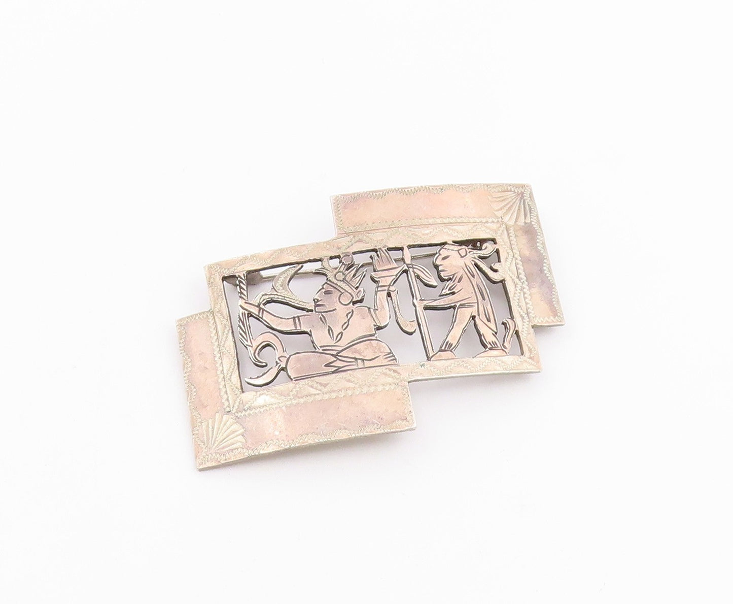 925 Sterling Silver  Vintage Warrior Scene Shiny Etched Brooch Pin  BP8857