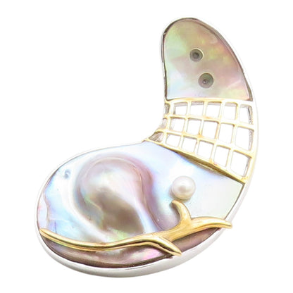925 Silver  Vintage Two Tone Modernist MOP & Cultured Pearl Brooch Pin  BP9912