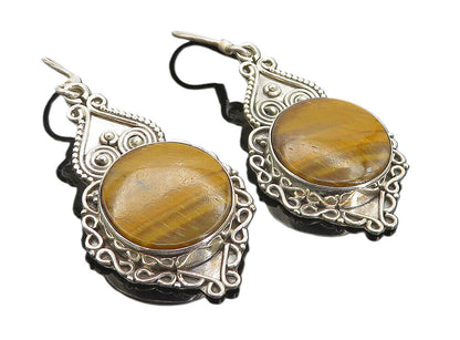 925 Sterling Silver  Vintage Tiger's Eye Heart Swirl Dangle Earrings  EG3298