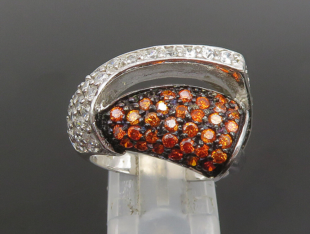 925 Silver  Vintage Bold White & Orange Cubic Zirconia Ring Sz 8  RG25303