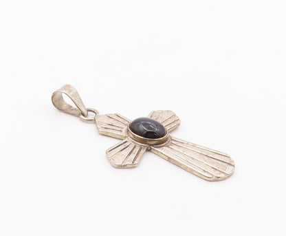 MEXICO 925 Silver  Vintage Cabochon Black Onyx Religious Cross Pendant PT14387