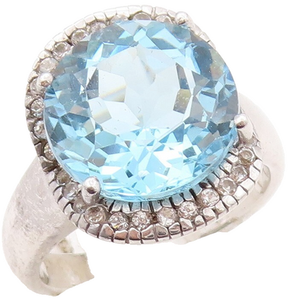 925 Sterling Silver Vintage Ring Designer Round Blue & White Topaz Sz 7  RG30840