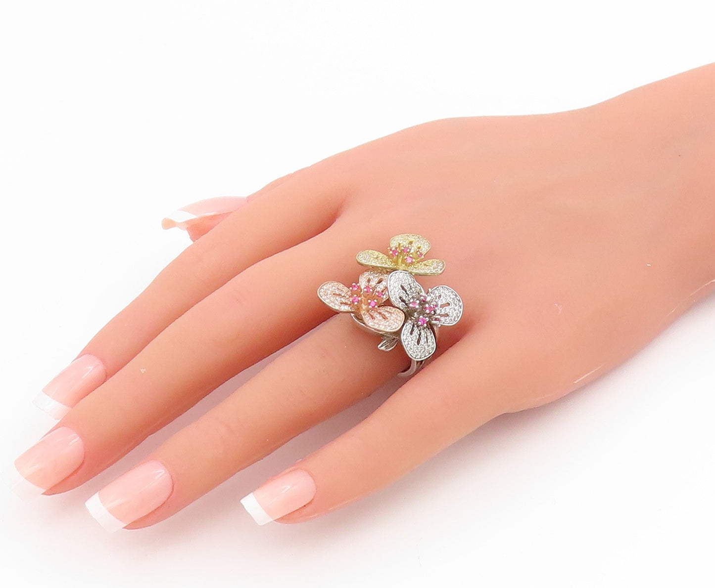 925 Sterling Silver Vintage Ring Pink Topaz & CZ Floral Petals  Sz 8  RG34536