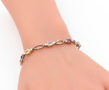 925 Sterling Silver Vintage Bracelet Gold Plated Multi Gemstone Link  BT11733