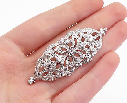 925 Sterling Silver  Victorian Shiny Cubic Zirconia Floral Brooch Pin  BP1951