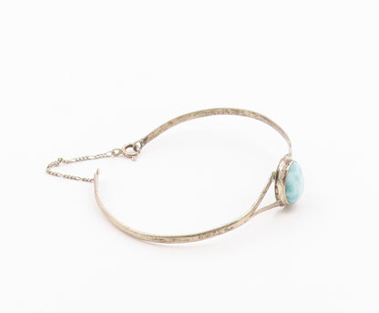 925 Sterling Silver  Vintage Cabochon Cut Larimar Thin Cuff Bracelet  BT8901