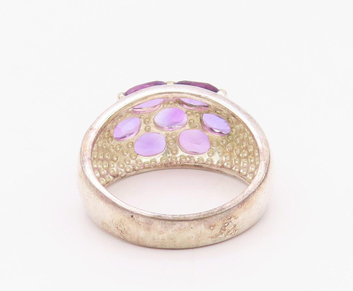 925 Sterling Silver Vintage Ring Solid Oval Amethyst Floral Inlay SZ 8 RG32092