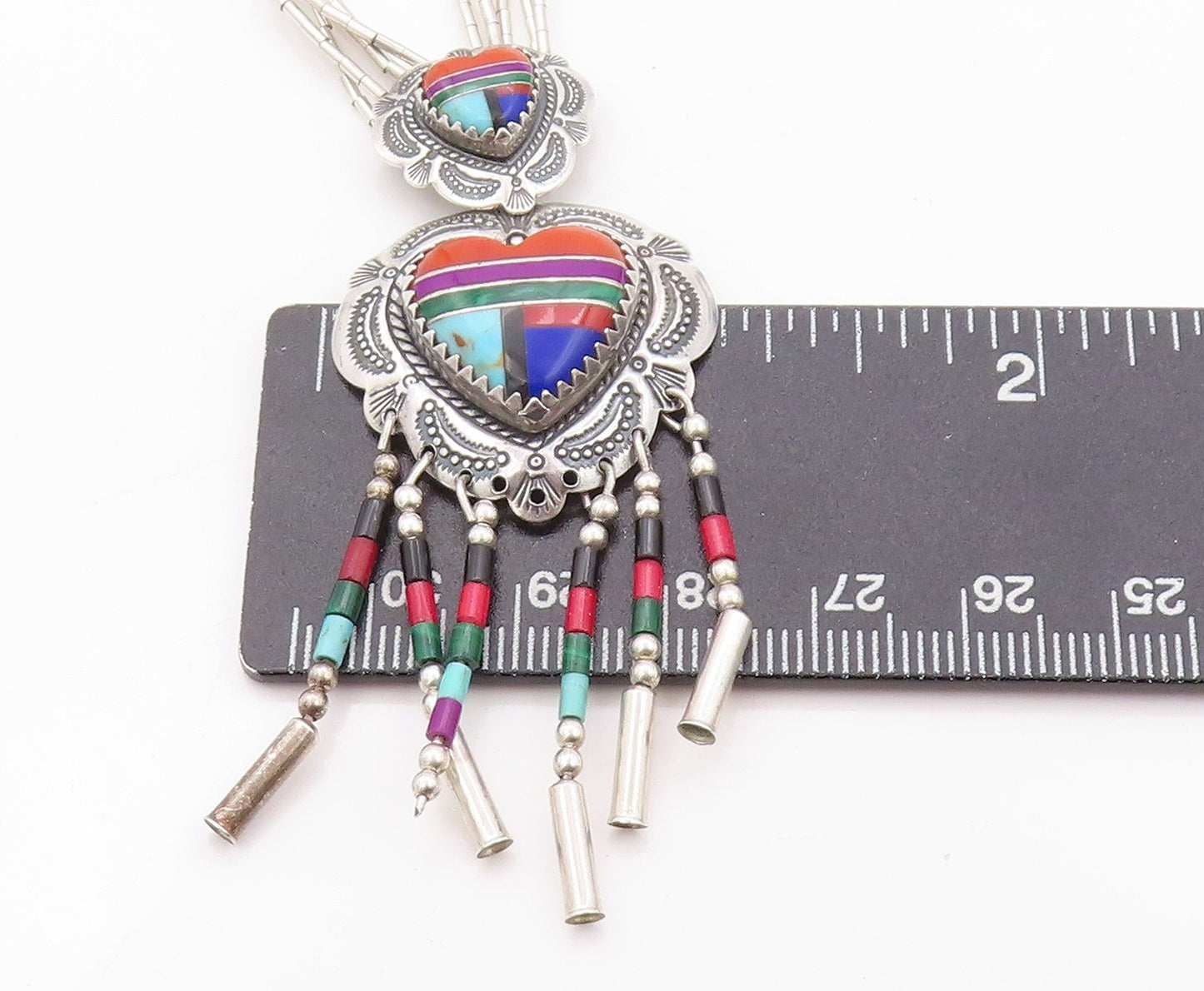 925 Sterling Silver Vintage Necklace NAVAJO Gemstone Tassel Heart  NE4552
