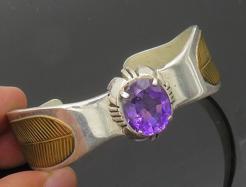 DESIGNER 925 Silver  Vintage Faceted Amethyst Two Tone Cuff Bracelet  BT8183