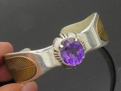DESIGNER 925 Silver  Vintage Faceted Amethyst Two Tone Cuff Bracelet  BT8183