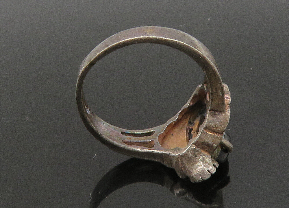 925 Sterling Silver  Vintage Black Onyx Floral Motif Band Ring Sz 6.5  RG21212