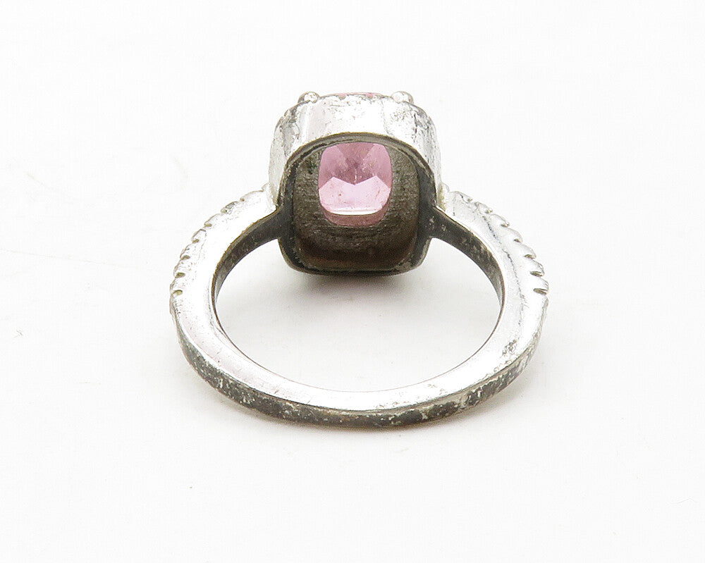 925 Sterling Silver  Vintage Pink Cubic Zirconia Square Band Ring Sz 5 RG13686
