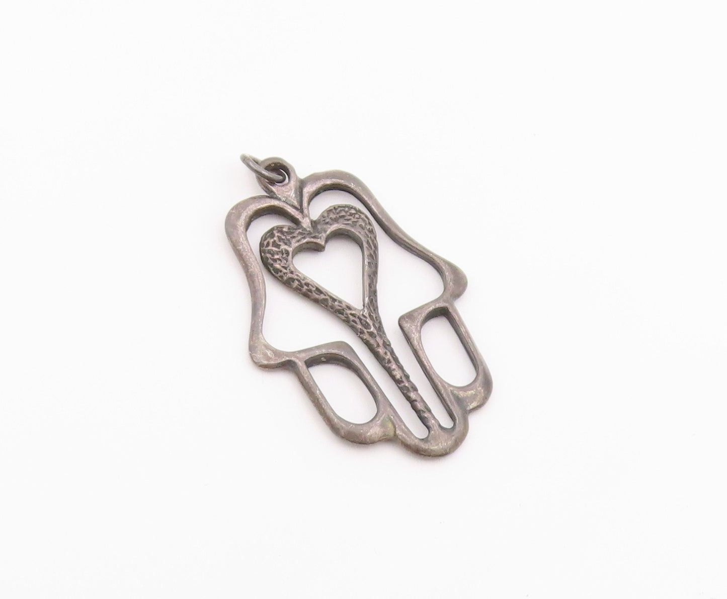 925 Sterling Silver Vintage Pendant Modernist Open Hamsa Heart Charm  PT26382