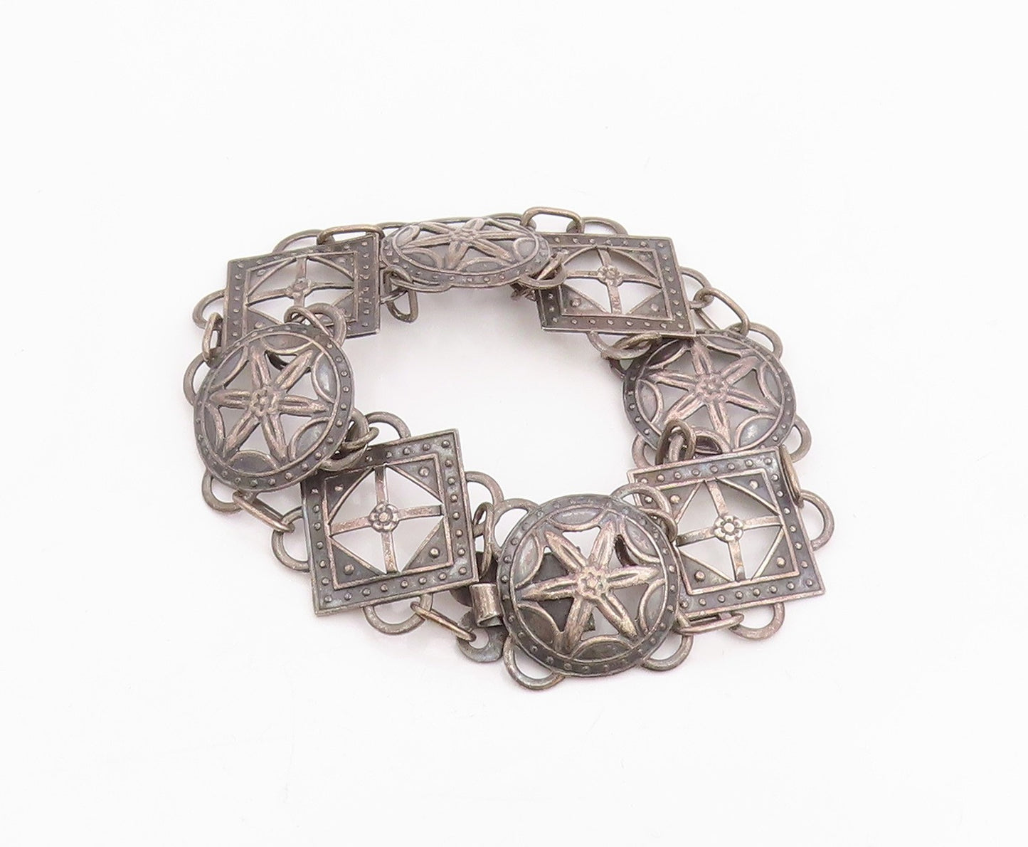 925 Sterling Silver Vintage Bracelet Etched Flower Starburst Motif Link  BT11829