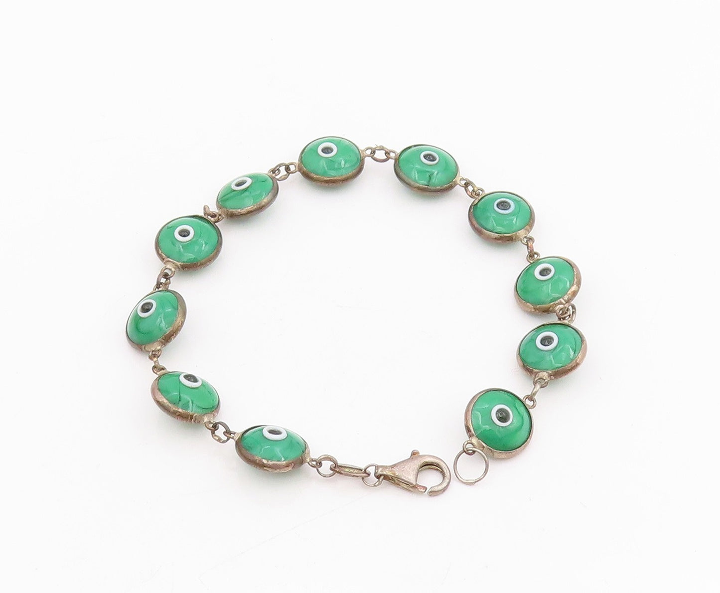 925 Sterling Silver Vintage Bracelet Green Evil Eye Design Link Chain  BT11556