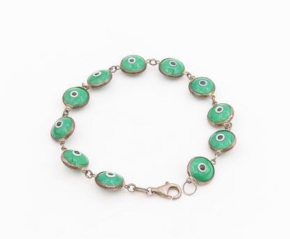 925 Sterling Silver Vintage Bracelet Green Evil Eye Design Link Chain  BT11556