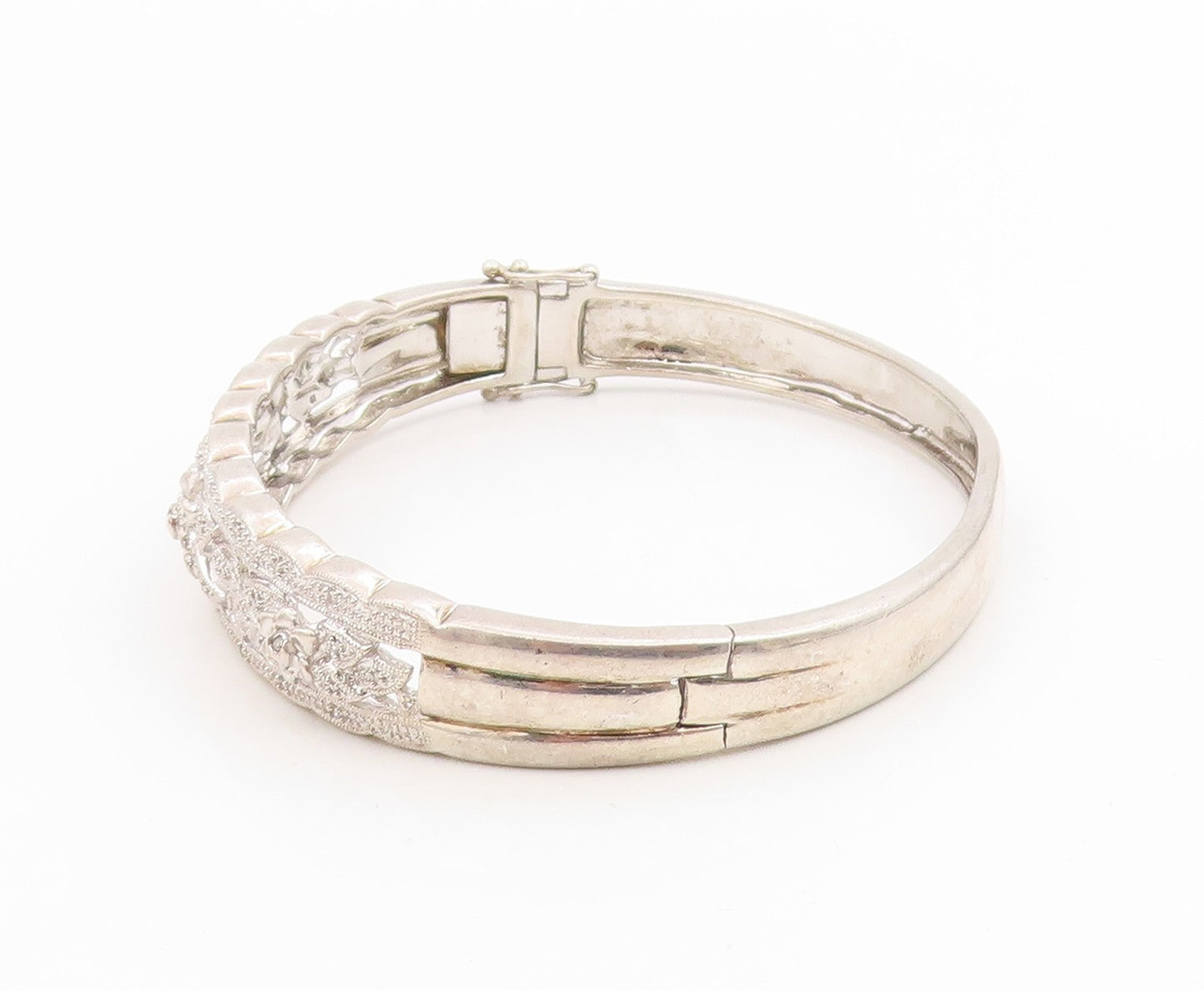 925 Sterling Silver Vintage Bracelet Real Diamonds Floral Rose Bangle  BT11998