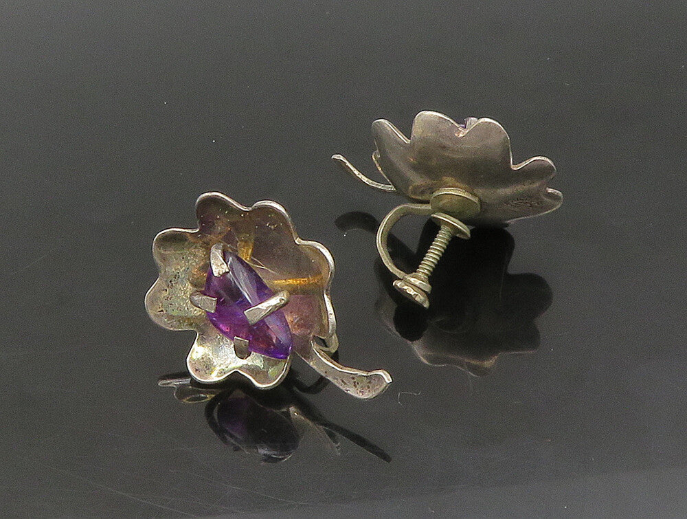 YMG MEXICO 925 Silver  Vintage Amethyst Floral Non Pierce Earrings  EG11454