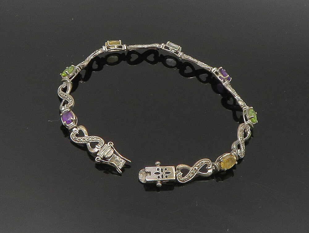 925 Silver  Vintage Citrine Peridot Amethyst & Topaz Infinity Bracelet  BT9440