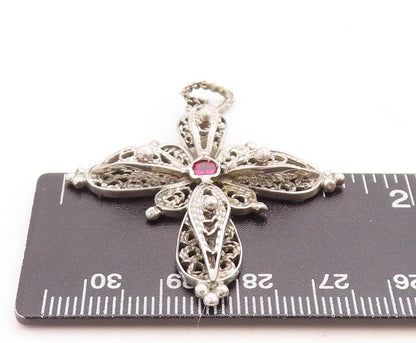 925 Sterling Silver Vintage Pendant Designer Floral Carved Garnet Cross  PT23771