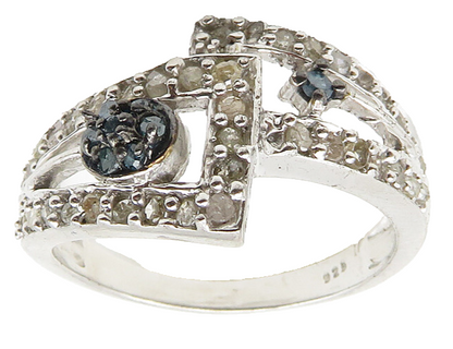 925 Silver  .25 Carat Genuine Blue & White Diamonds Band Ring Sz 7  RG10357