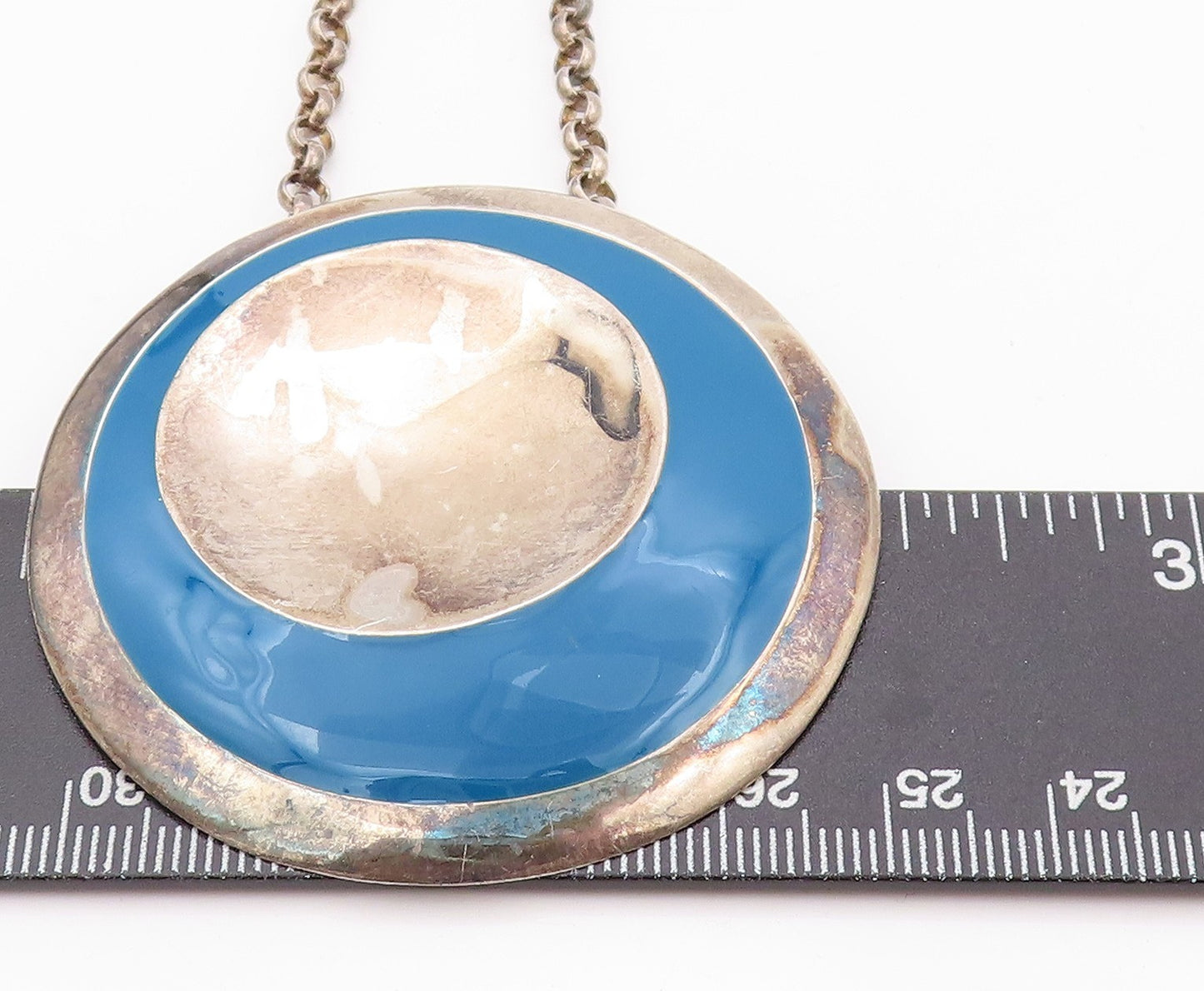 925 Sterling Silver Vintage Necklace RLM Designer Blue Enameled Disk  NE4505