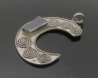 925 Sterling Silver   Vintage Black Onyx Spiral Pattern Drop Pendant  PT15571