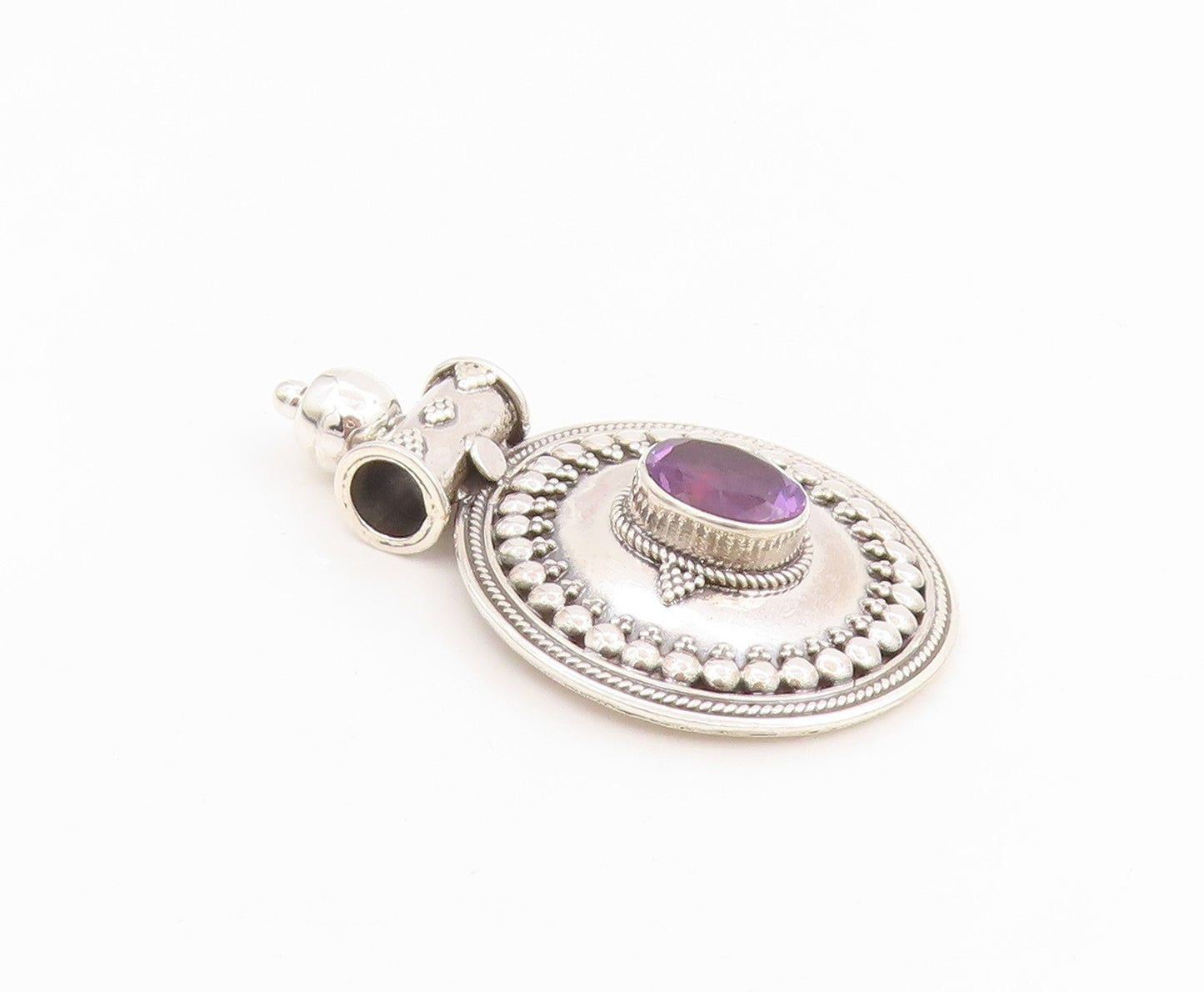 925 Sterling Silver Vintage Pendant Oval Cut Amethyst Bohemian Medal  PT25635