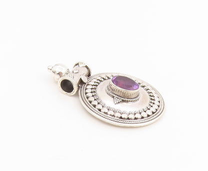 925 Sterling Silver Vintage Pendant Oval Cut Amethyst Bohemian Medal  PT25635
