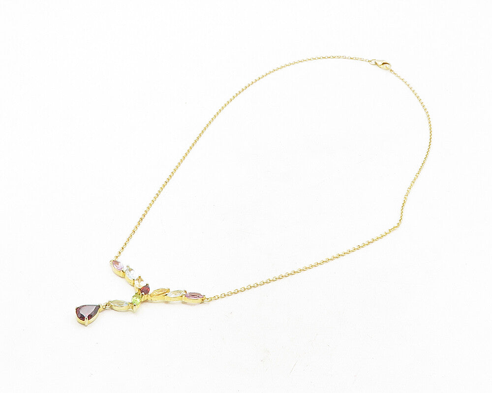 925 Sterling Silver Garnet & Multi Stone Gold Plated Chain Necklace NE1945