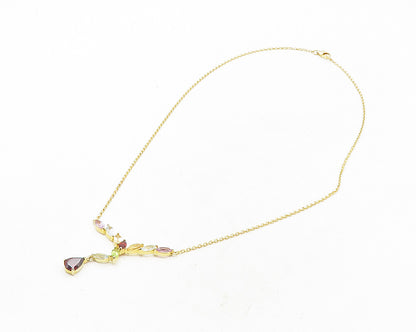 925 Sterling Silver Garnet & Multi Stone Gold Plated Chain Necklace NE1945