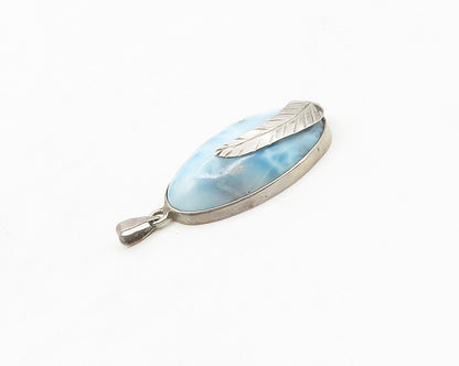 925 Sterling Silver  Vintage Cabochon Cut Larimar Floral Leaf Pendant  PT14153
