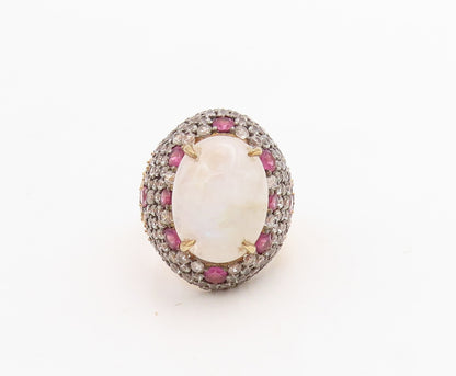 925 Sterling Silver Vintage Ring Gold Plated Moonstone & Pink CZ Sz 6.5 RG30964