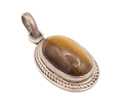 925 Sterling Silver Vintage Pendant Oval Tiger's Eye Halo Twisted Rope  PT23452