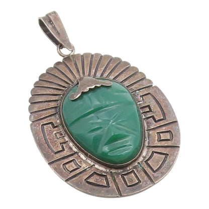 925 Sterling Silver Vintage Pendant MEXICO TAXCO Carved Green Onyx Mask  PT26044