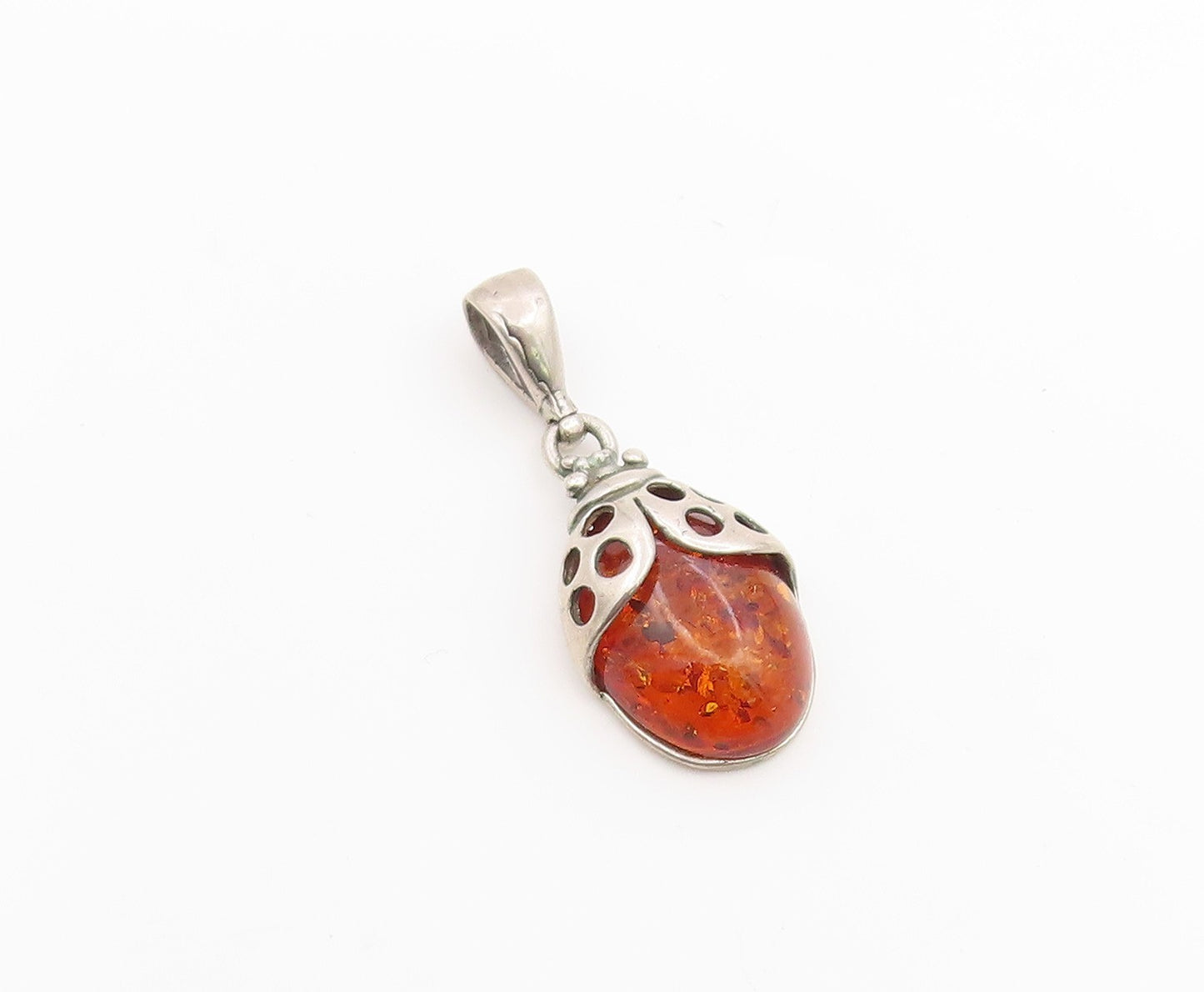 925 Sterling Silver Vintage Pendant Cabochon Honey Amber Ladybird Charm  PT26254