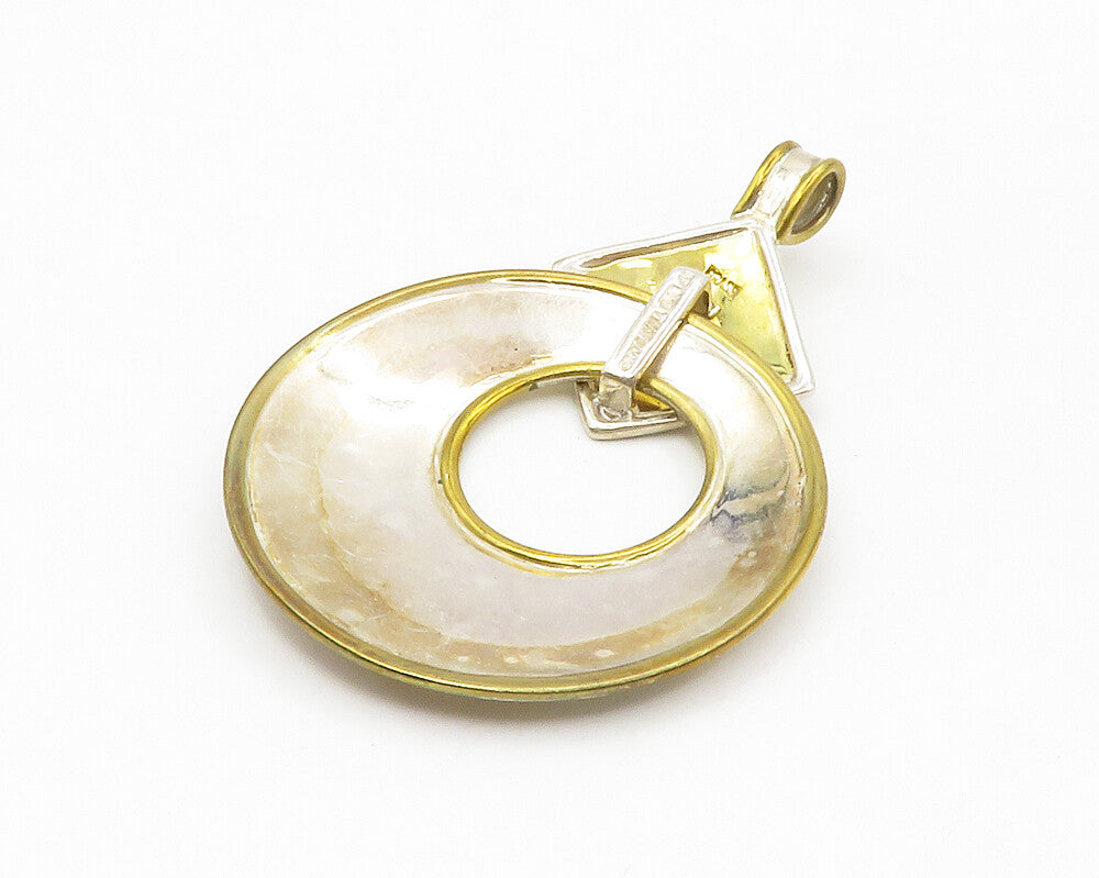 925 Sterling Silver  Vintage Shiny Two Tone Hammered Round Pendant  PT10732